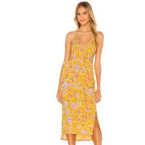 Yellow faux wrap floral midi Dress